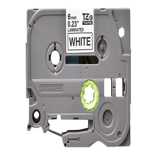 Front view of Brother TZe-211 black on white laminated label tape cassette with label