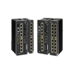 A heavy-duty, industrial green/gray metal faceplate. It features 8 copper Gigabit Ethernet ports stacked vertically and 2 SFP+ 10G uplink slots on the right, with a row of diagnostic LEDs for each port.