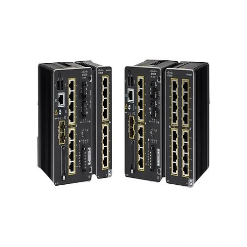 A heavy-duty, industrial green/gray metal faceplate. It features 8 copper Gigabit Ethernet ports stacked vertically and 2 SFP+ 10G uplink slots on the right, with a row of diagnostic LEDs for each port.