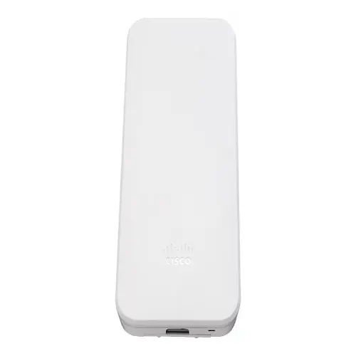 A rugged, industrial-grade white rectangular enclosure. The face is mostly blank with the Meraki logo, designed to withstand outdoor elements (IP67 rated).