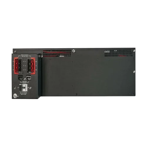 Rear panel of the 240V Eaton EBM showing two large specialized battery power connectors for daisy-chaining, a ground terminal, and a communication port for UPS integration.