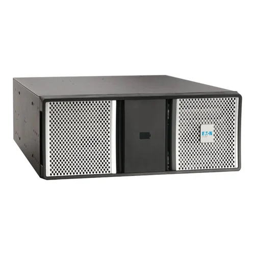 Front view of a black 3U Eaton 9PX Extended Battery Module featuring a high-airflow vented grille on the left, a silver Eaton logo on the right, and integrated rack-mounting ears.