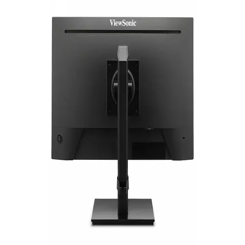 Rear view highlighting the 100x100mm VESA mount connection, downward-facing HDMI and VGA ports, and dual speaker vents on the lower casing.