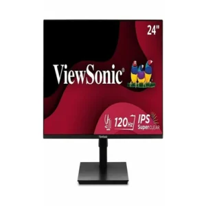 Front view of a 24-inch Full HD monitor with a matte black finish, mounted on a tall, height-adjustable ergonomic stand with a central cable management hole.