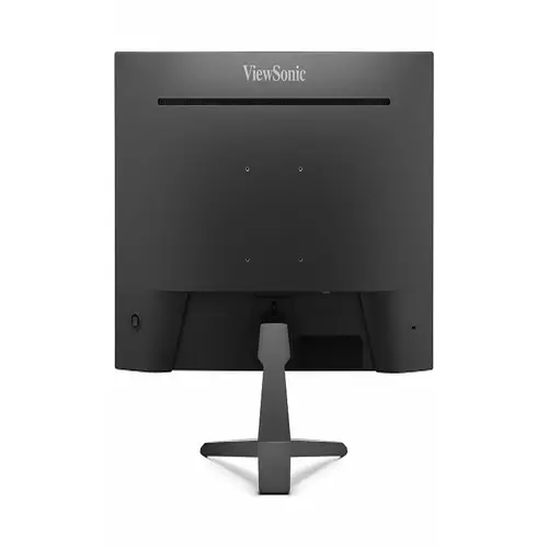 Rear view showing a curved black chassis with the ViewSonic logo at the top and centered I/O ports including HDMI, DisplayPort, and VGA.