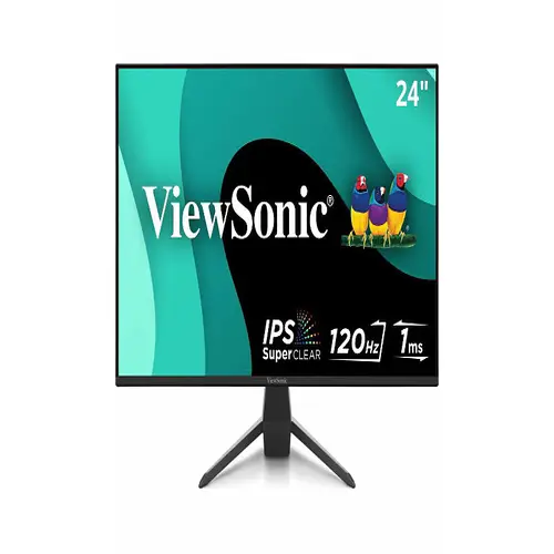 Front view of a 24-inch ViewSonic monitor with a three-sided frameless bezel design, a slim bottom chin, and a distinctive glossy black triangular base.