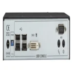 Black Box ACR1000A-R-R2 KVM receiver back view showing dual CATx/SFP link interfaces and power input