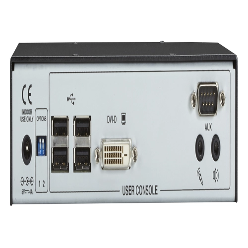 Black Box ACR1000A-R-R2 KVM receiver back view showing dual CATx/SFP link interfaces and power input