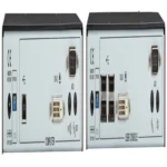 Black Box ACR1000A-R2 KVM extender back view showing power connector and dual CATx/SFP link interfaces