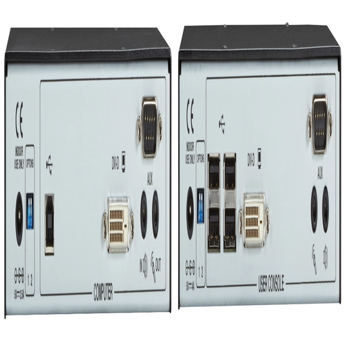 Black Box ACR1000A-R2 KVM extender back view showing power connector and dual CATx/SFP link interfaces