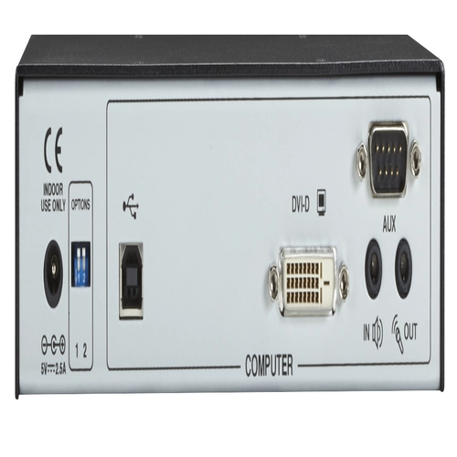 Black Box ACR1000A-T-R2 KVM transmitter back view showing dual CATx/SFP link interfaces and power connector