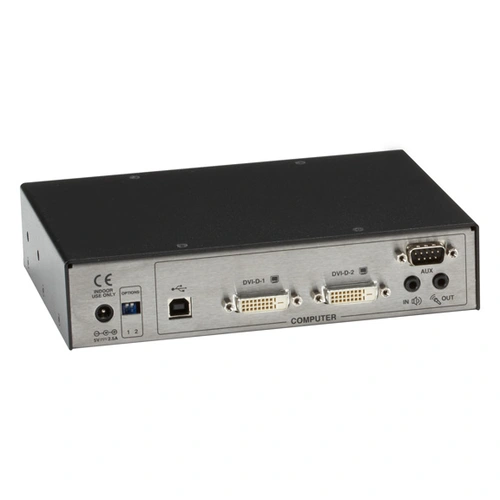 Black Box ACR1002A-T ServSwitch Agility back view showing dual CATx/SFP link interfaces and power connection
