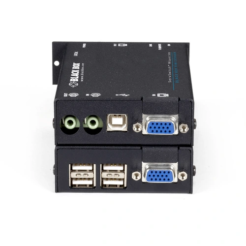 Black Box Wizard SRX ACU5051A KVM extender back view showing RJ45 CATx link interface, RS232 serial port, and locking 5VDC power connector