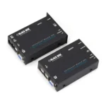 Black Box Wizard SRX ACU5051A KVM extender front view with DVI-D video port, USB Type-B input, 3.5mm audio jacks, and front-panel status LEDs for link and activity