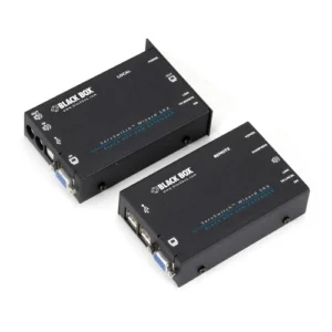 Black Box Wizard SRX ACU5051A KVM extender front view with DVI-D video port, USB Type-B input, 3.5mm audio jacks, and front-panel status LEDs for link and activity