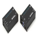 Black Box Wizard SRX ACU5052A KVM extender back view showing dual RJ45 CATx link interfaces for two-cable operation, RS232 serial port, and power input
