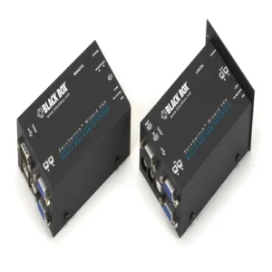 Black Box Wizard SRX ACU5052A KVM extender front view with dual VGA video ports, USB Type-B input, 3.5mm audio jacks, and status LEDs