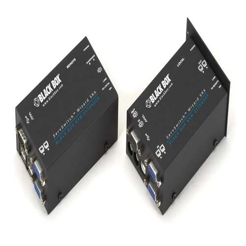 Black Box Wizard SRX ACU5052A KVM extender front view with dual VGA video ports, USB Type-B input, 3.5mm audio jacks, and status LEDs