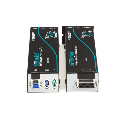 Black Box ACU5110A KVM extender back view showing RJ45 CATx link interface, RS232 serial port, and power input