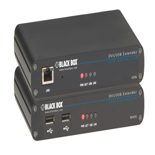 Black Box LRX Series ACU5700A KVM extender front view with DVI-D port, USB interfaces, and status LED indicators