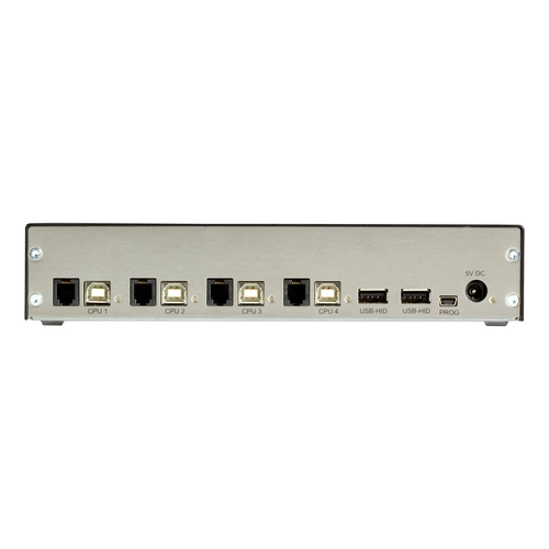 Black Box TC Series ACX1004A-HID2 keyboard/mouse switch back view showing four USB Type B computer ports, two USB HID Type A console ports for keyboard and mouse, four RJ22 jacks for optional activity LEDs, Mini USB port for firmware upgrades, and 5VDC power input