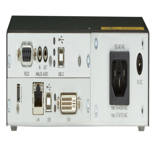 Black Box DKM Modular Housing ACXMODH2R-P-R2 back view with backplane connectors for DKM transmitter and receiver cards and power supply connections