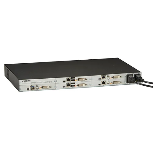 Black Box DKM Modular KVM Extender Chassis ACXMODH6FPAC-R2 front view showing 6-slot modular housing with front-mounted power supplies and empty card slots for DKM extender cards