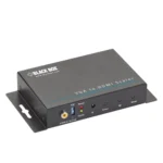 Black Box AVSC-VGA-HDMI-R2 video converter front view with VGA input port, HDMI output port, and LED status indicators for signal conversion