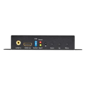 Black Box AVSC-VIDEO-HDMI video scaler front view with HDMI input port, front-panel controls, and LED status indicators for signal processing