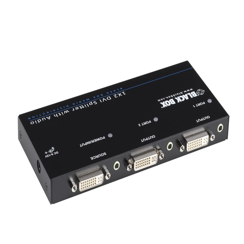 Black Box AVSP-DVI1X2 DVI splitter back view with power input and EDID management controls