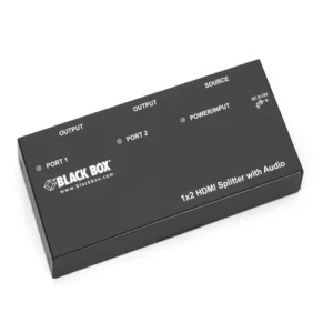 Black Box AVSP-HDMI1X2 HDMI splitter front view with HDMI input port and 2 HDMI output ports for signal distribution