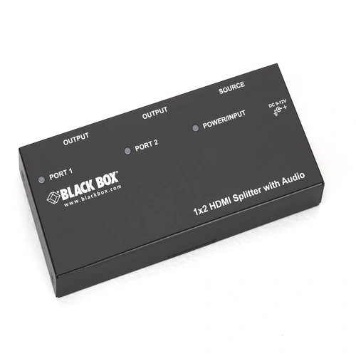 Black Box AVSP-HDMI1X2 HDMI splitter front view with HDMI input port and 2 HDMI output ports for signal distribution