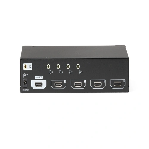 Black Box AVSP-HDMI1X4 HDMI splitter back view showing power input, EDID management switch, and mounting points for under-desk installation