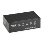 Black Box AVSP-HDMI1X4 HDMI splitter front view with HDMI input port, 4 HDMI output ports, and LED status indicators for signal distribution