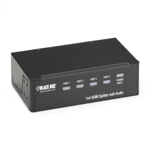 Black Box AVSP-HDMI1X4 HDMI splitter front view with HDMI input port, 4 HDMI output ports, and LED status indicators for signal distribution