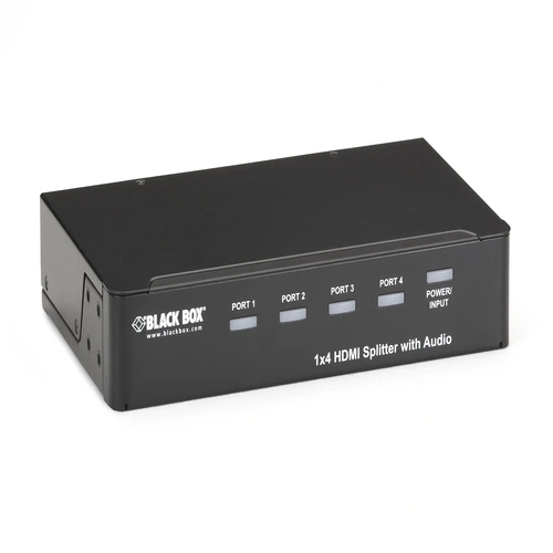 Black Box AVSP-HDMI1X4 HDMI splitter front view with HDMI input port, 4 HDMI output ports, and LED status indicators for signal distribution
