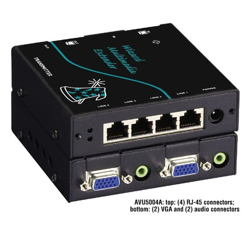 Black Box AVU5004A AV extender front view with HDMI input and LED status indicators for AV extension over CATx
