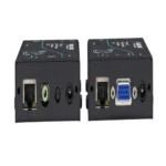 Black Box AVU5020A AV extender back view showing RJ45 CATx link interface, IR pass-through ports, RS232 serial connection, and power input