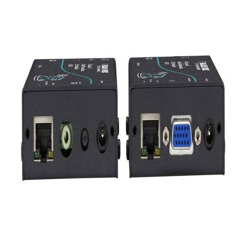 Black Box AVU5020A AV extender back view showing RJ45 CATx link interface, IR pass-through ports, RS232 serial connection, and power input