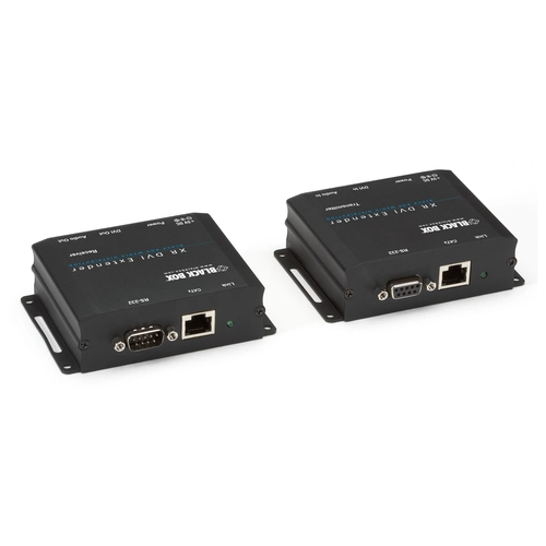 Black Box AVX-DVI-TP-100M DVI extender back view showing RJ45 CATx link interface, power input, and mounting points for under-desk installation