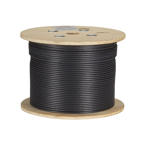 Black Box GigaTrue CAT6A C6ABC51S-BK-1000 bulk cable front view showing 1000-foot spool with black F/UTP shielded cable and CMP plenum rating labeling