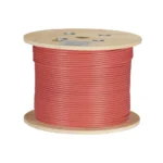 Black Box GigaTrue CAT6A C6ABC51S-RD-1000 bulk cable front view showing 1000-foot spool with red F/UTP shielded twisted pair cable visible