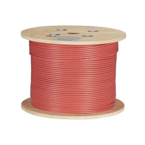 Black Box GigaTrue CAT6A C6ABC51S-RD-1000 bulk cable front view showing 1000-foot spool with red F/UTP shielded twisted pair cable visible
