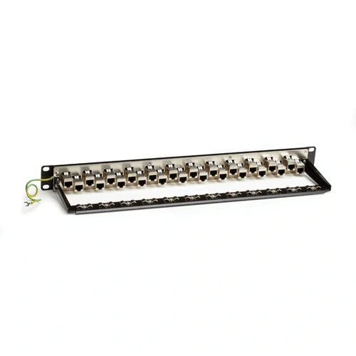 Black Box C6AFP70S-24 CAT6 patch panel front view with 24 shielded RJ-45 ports and 1U rack-mount form factor