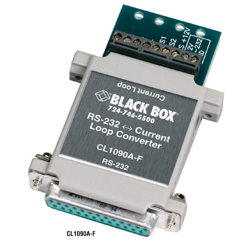 Black Box CL1090A-F RS232 to current loop converter front view showing DB25 female connector and terminal block interface for 20-mA current loop device communication