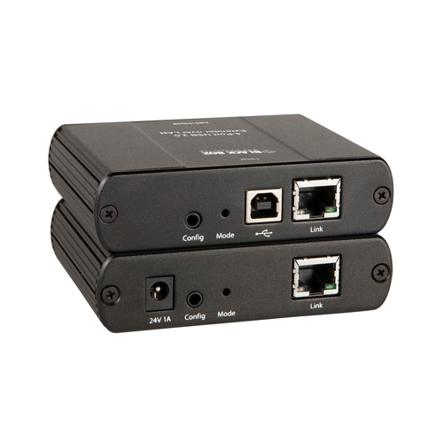 Black Box Emerald EMD100USB KVM-over-IP switchable extender back view showing RJ45 network port and power input connection