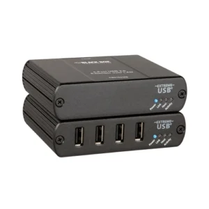 Black Box Emerald EMD100USB KVM-over-IP switchable extender front view with four USB Type-A ports for device connection and status LEDs for link and activity