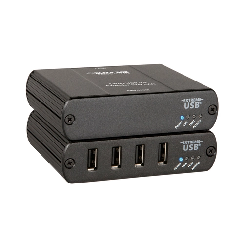 Black Box Emerald EMD100USB KVM-over-IP switchable extender front view with four USB Type-A ports for device connection and status LEDs for link and activity
