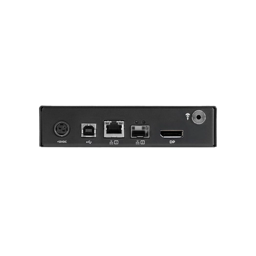 Black Box Emerald PE EMD2000PE-DP-T KVM-over-IP transmitter back view showing dual network ports - one RJ-45 1Gbps and one SFP fiber slot - plus power input