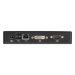 Black Box Emerald SE EMD2000SE-R KVM-over-IP receiver back view showing four USB Type-A female ports for keyboard, mouse and peripherals, RJ45 network port, DB9 serial connector (future use), two 3.5mm audio jacks for speaker and microphone